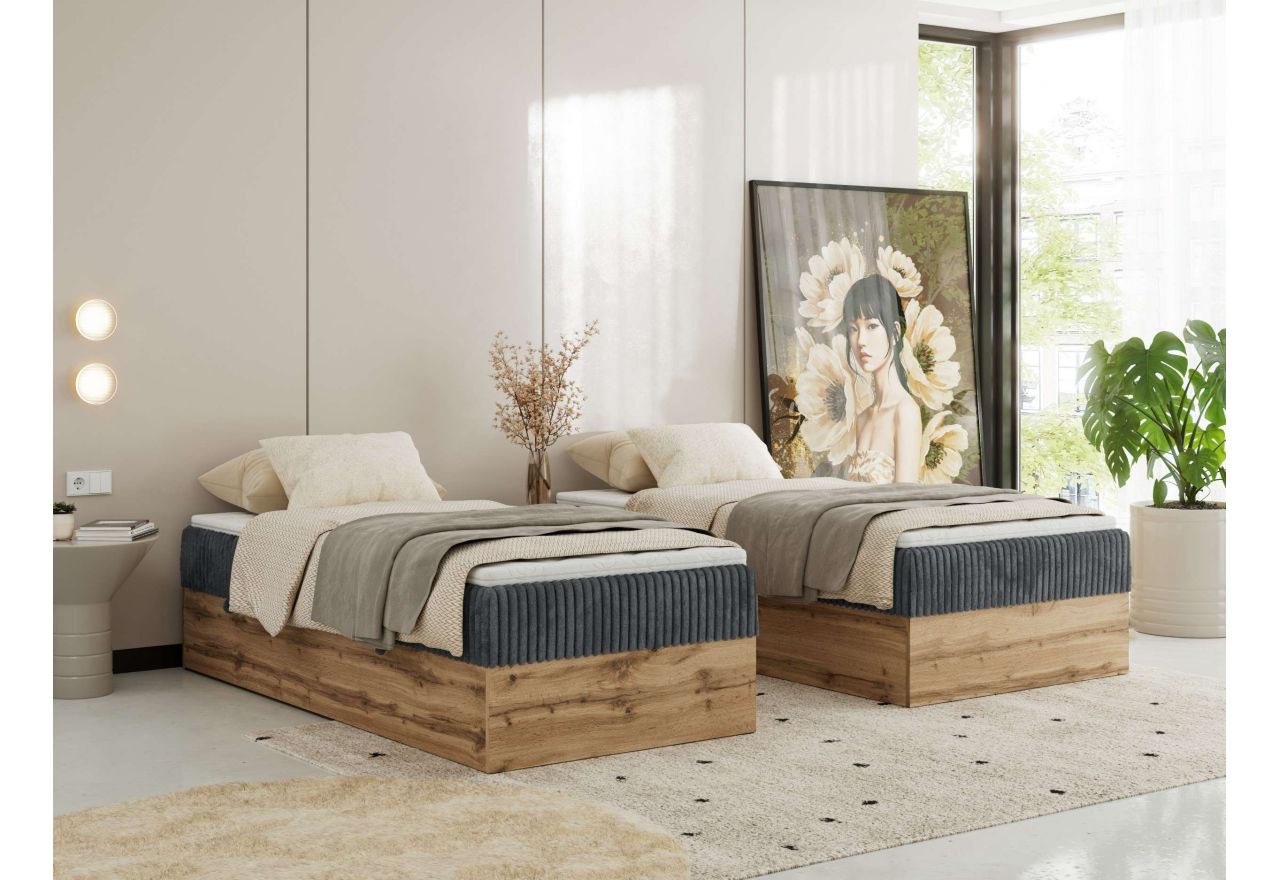 Łóżko kontynentalne WOOD ZERO 90x200 - H4 - szary, sztruks - topper Visco