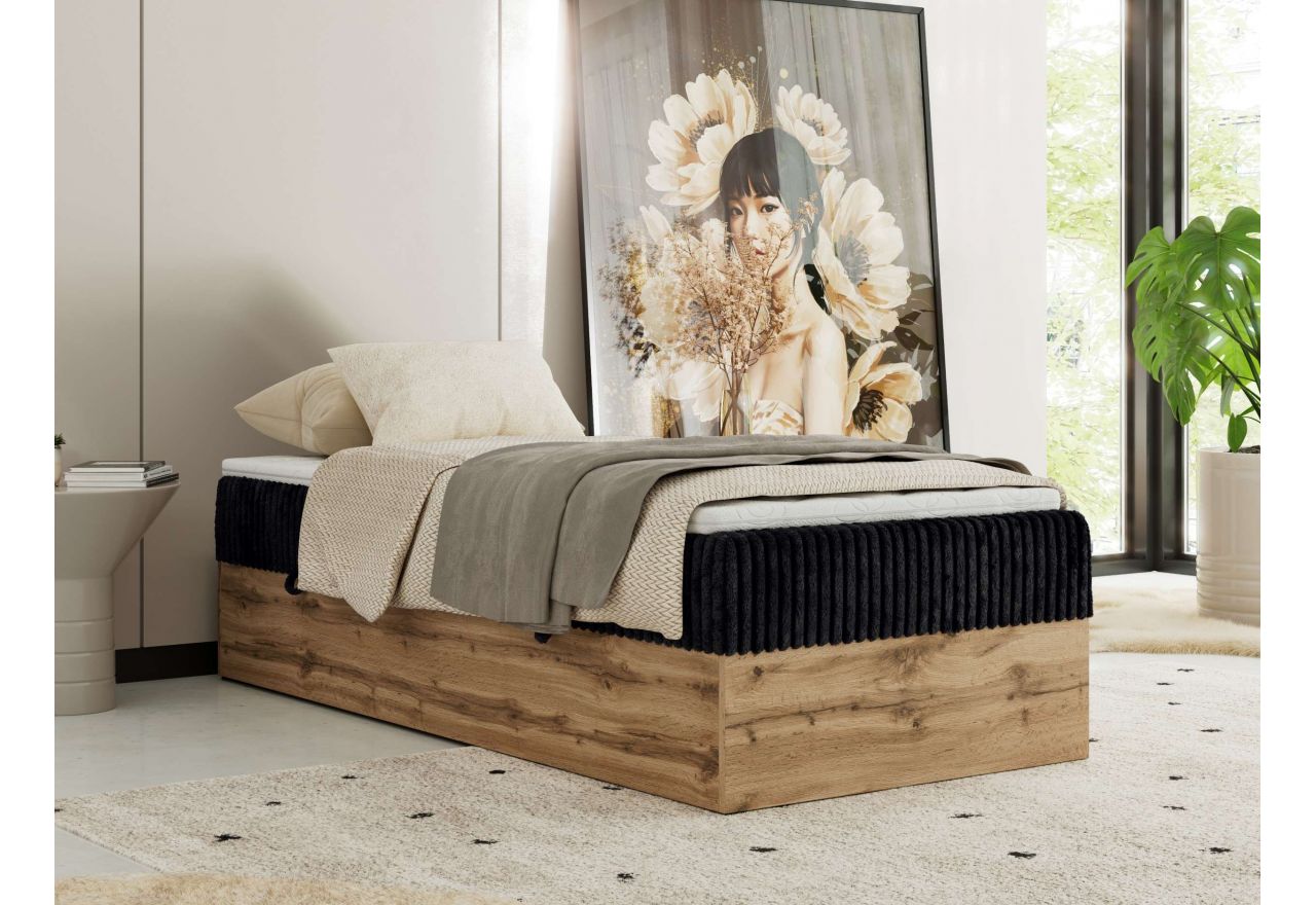 Łóżko kontynentalne WOOD ZERO 90x200 - H4 - czarny, sztruks - topper Visco