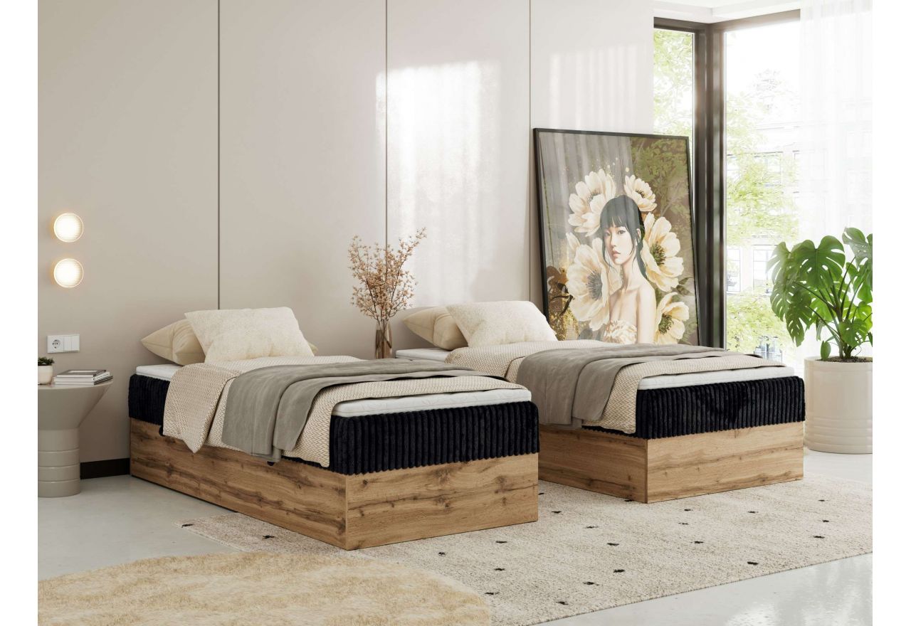 Łóżko kontynentalne WOOD ZERO 90x200 - H4 - czarny, sztruks - topper Visco