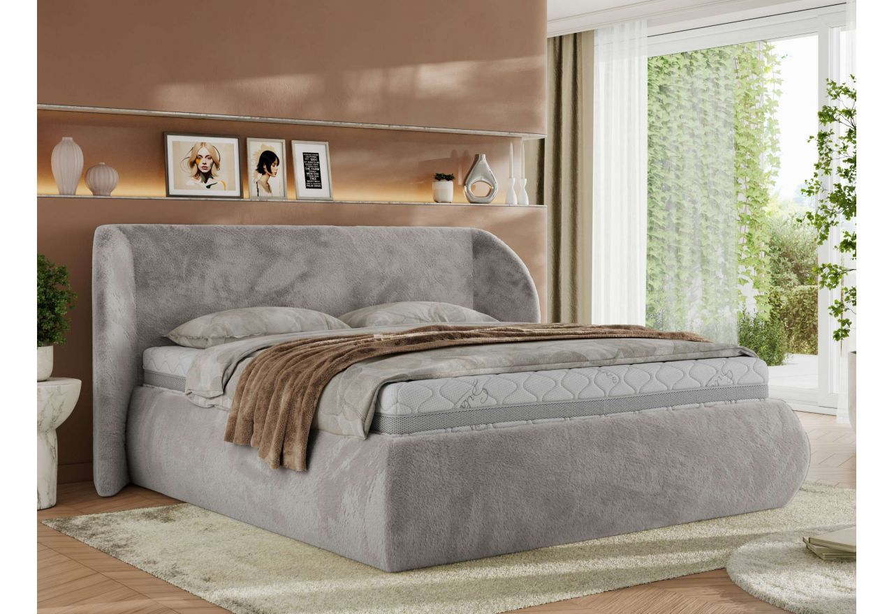Łóżko tapicerowane CAELA CLASSIC 140x200 - materac piankowy - jasnoszary, plusz