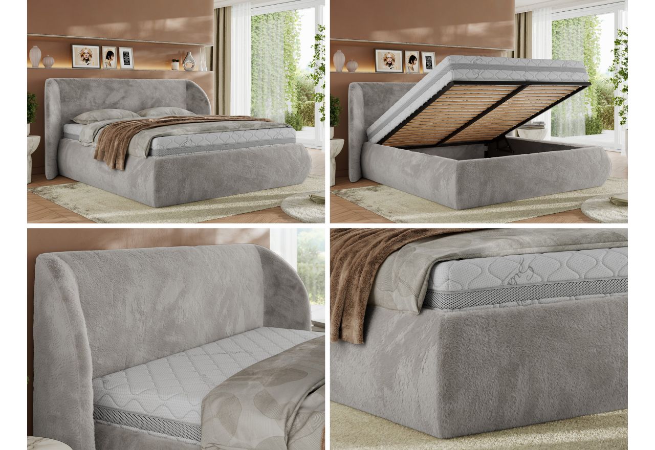 Łóżko tapicerowane CAELA CLASSIC 160x200 - materac multipocket - jasnoszary, plusz