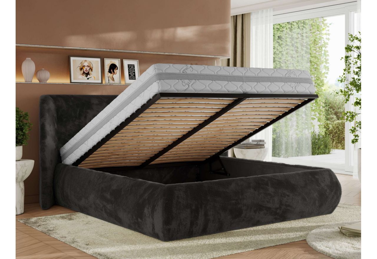 Łóżko tapicerowane CAELA CLASSIC 140x200 - materac piankowy - ciemnoszary, plusz