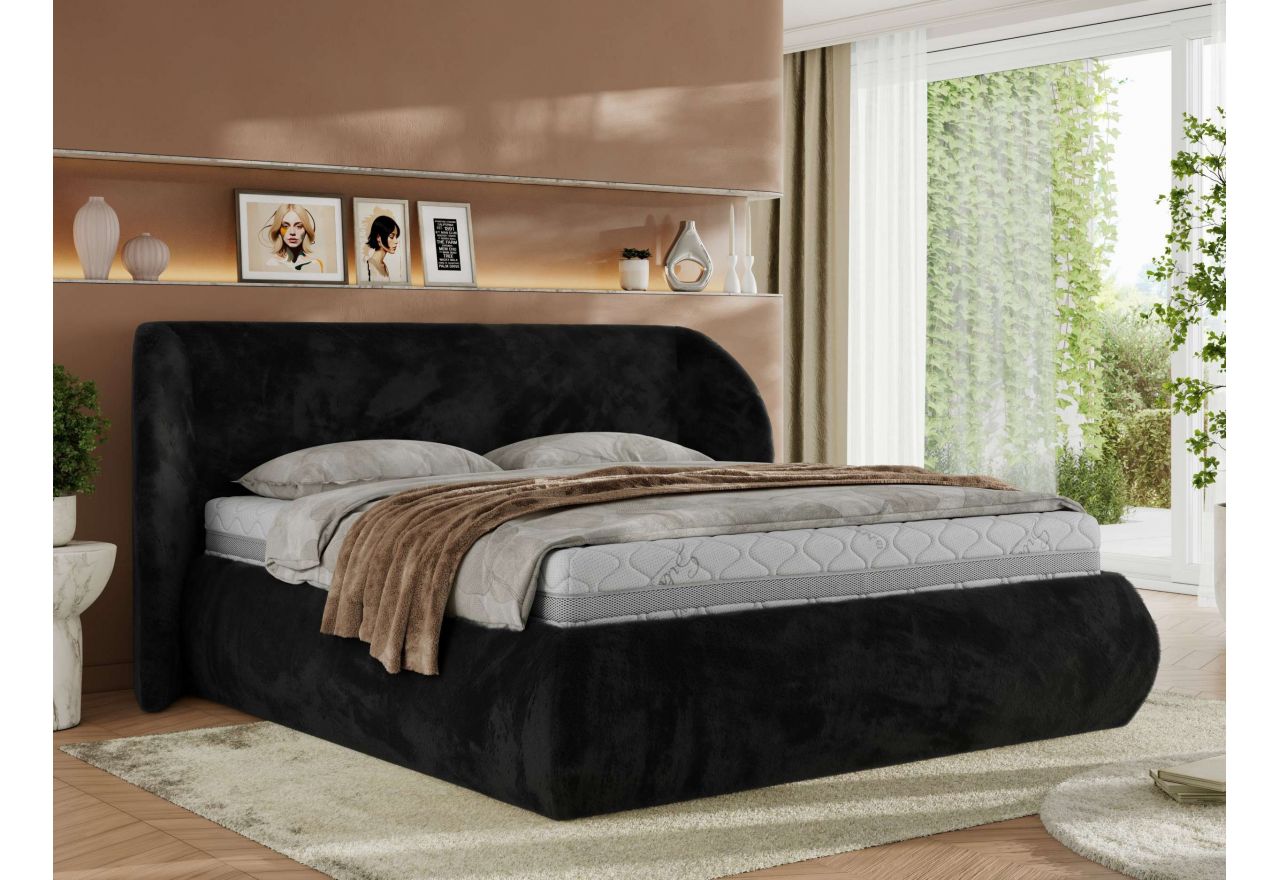 Łóżko tapicerowane CAELA CLASSIC 140x200 - materac pocket - czarny, plusz