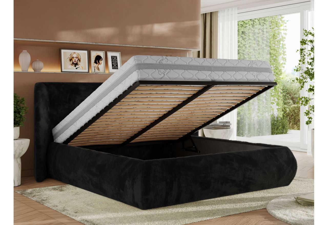 Łóżko tapicerowane CAELA CLASSIC 180x200 - materac pocket - czarny, plusz
