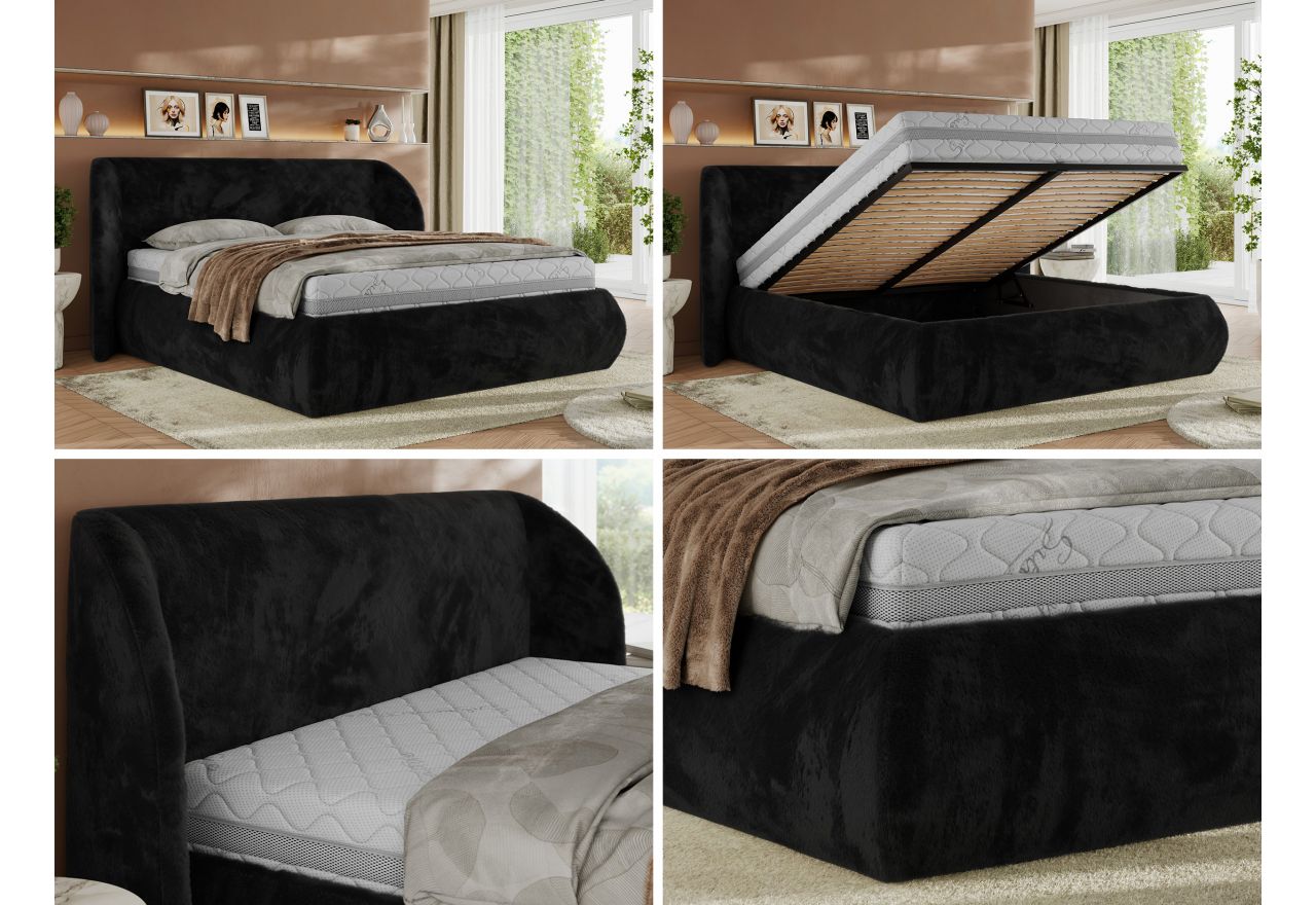 Łóżko tapicerowane CAELA CLASSIC 180x200 - materac multipocket - czarny, plusz