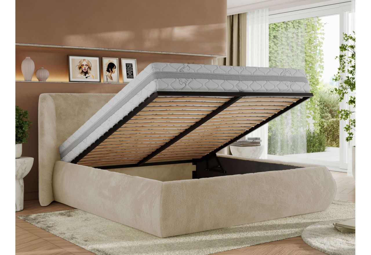 Łóżko tapicerowane CAELA CLASSIC 140x200 - materac piankowy - kremowy, plusz