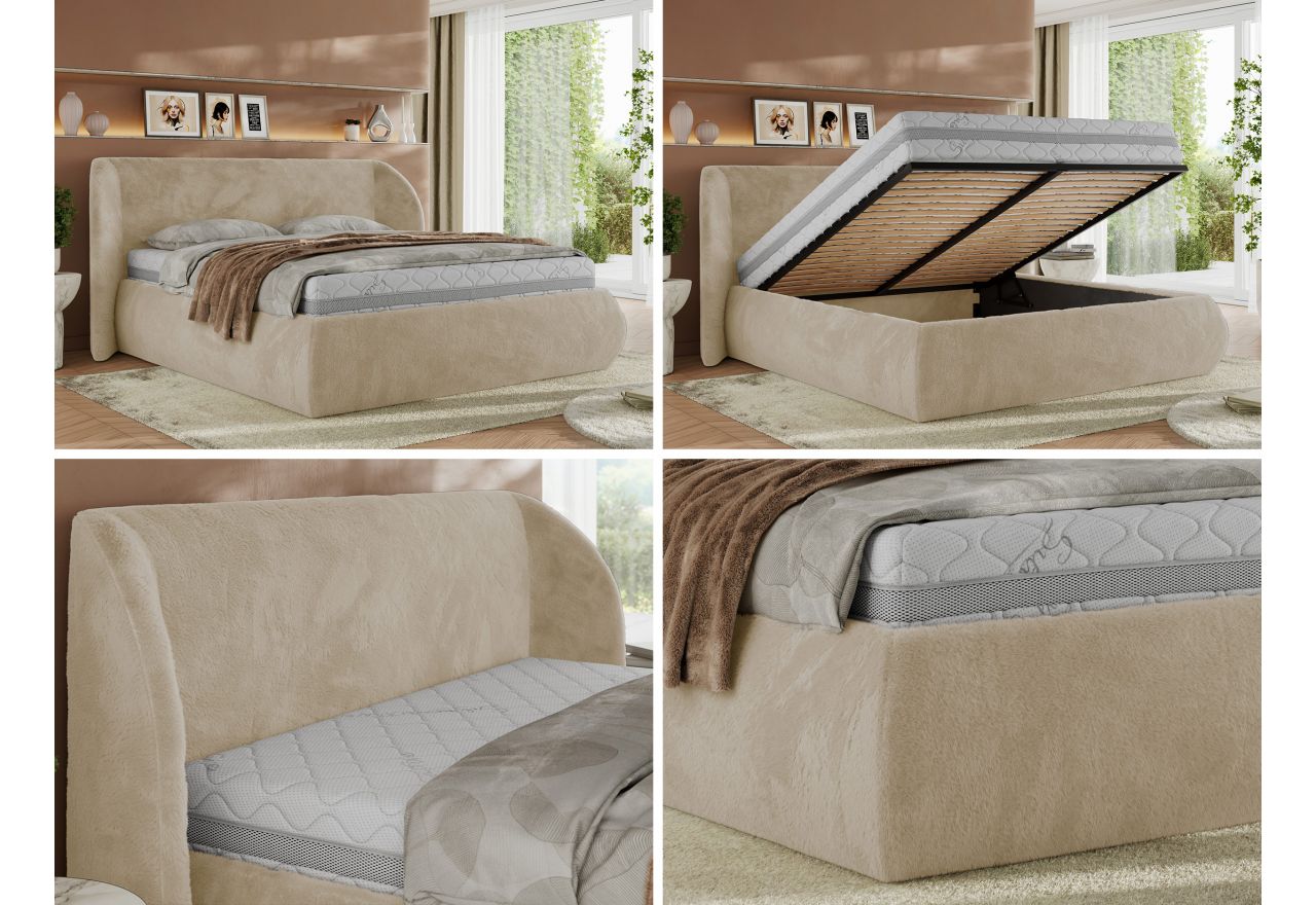 Łóżko tapicerowane CAELA CLASSIC 160x200 - materac multipocket - kremowy, plusz