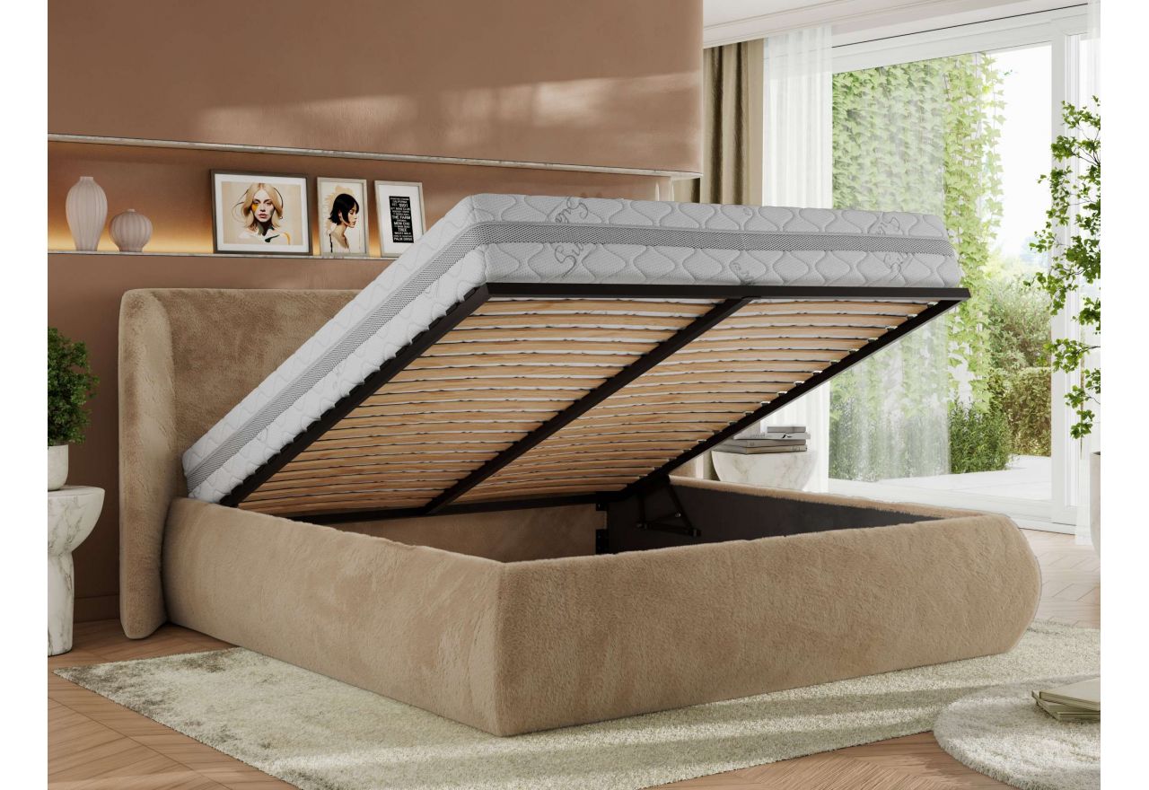 Łóżko tapicerowane CAELA CLASSIC 160x200 - materac piankowy - beżowy, plusz
