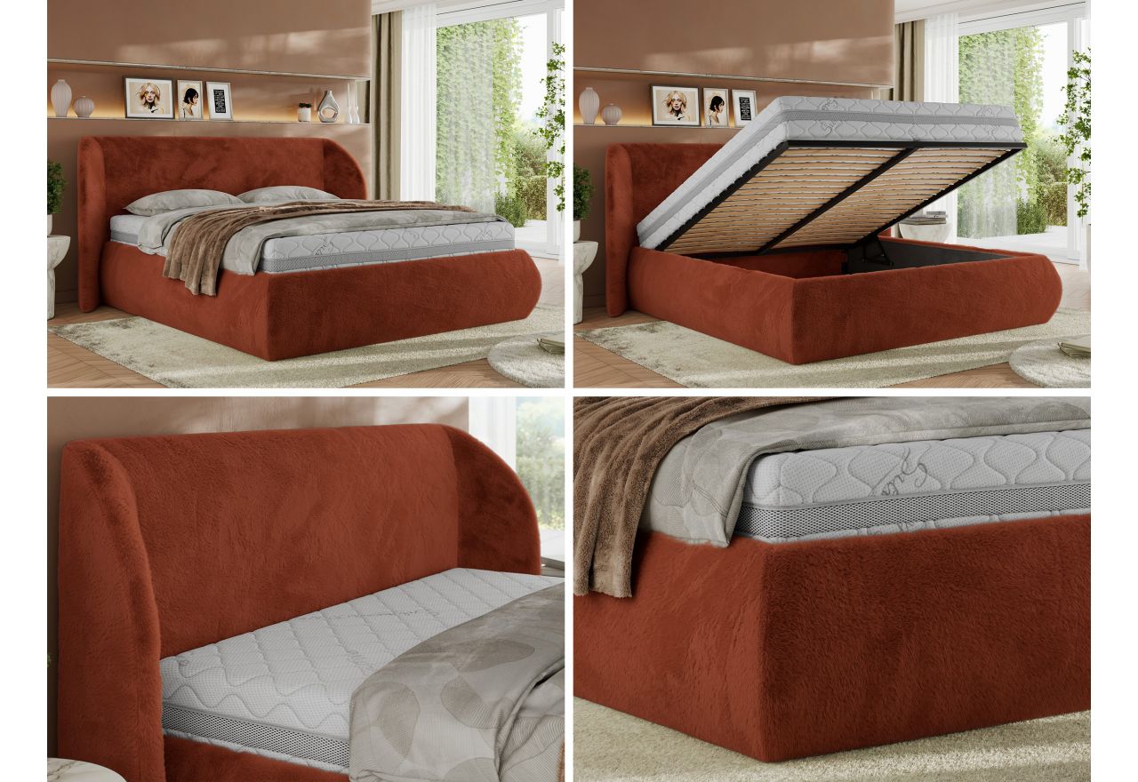 Łóżko tapicerowane CAELA CLASSIC 160x200 - materac multipocket - pomarańczowy, plusz