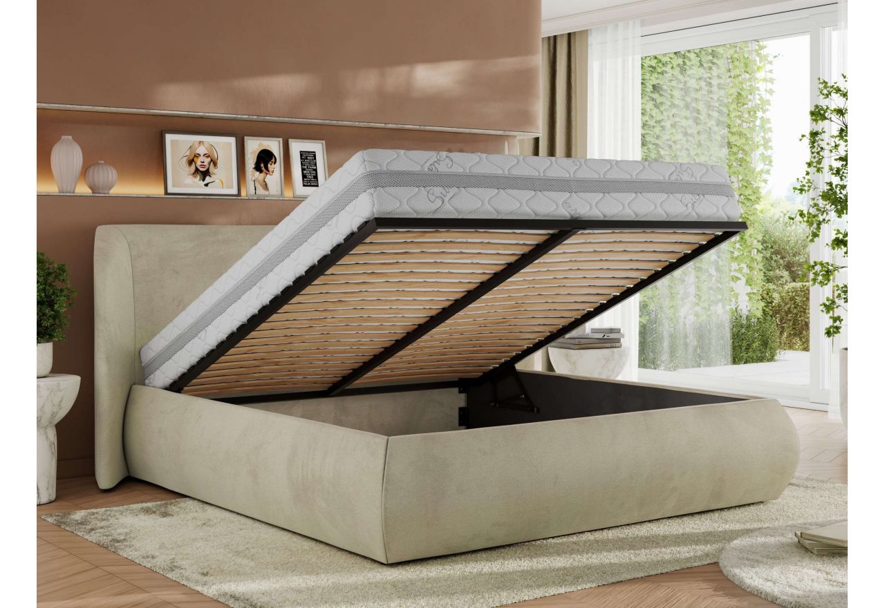 Łóżko tapicerowane CAELA CLASSIC 200x200 - materac piankowy - beżowy, welwet
