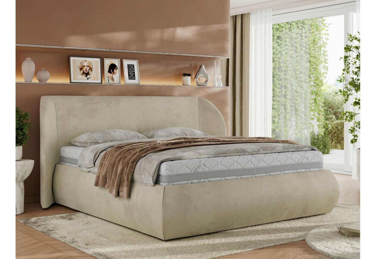 Łóżko tapicerowane CAELA CLASSIC 140x200 - materac multipocket - beżowy, welwet