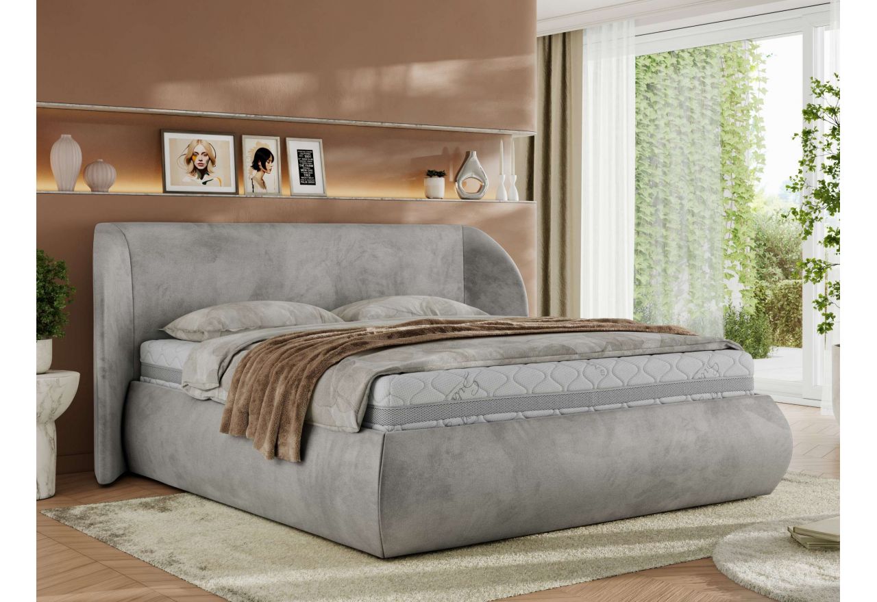 Łóżko tapicerowane CAELA CLASSIC 160x200 - materac piankowy - jasnoszary, welwet