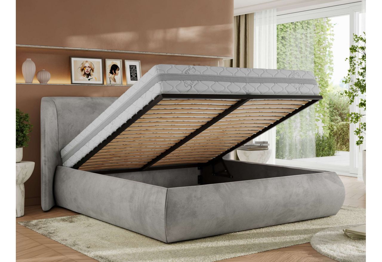 Łóżko tapicerowane CAELA CLASSIC 160x200 - materac pocket - jasnoszary, welwet