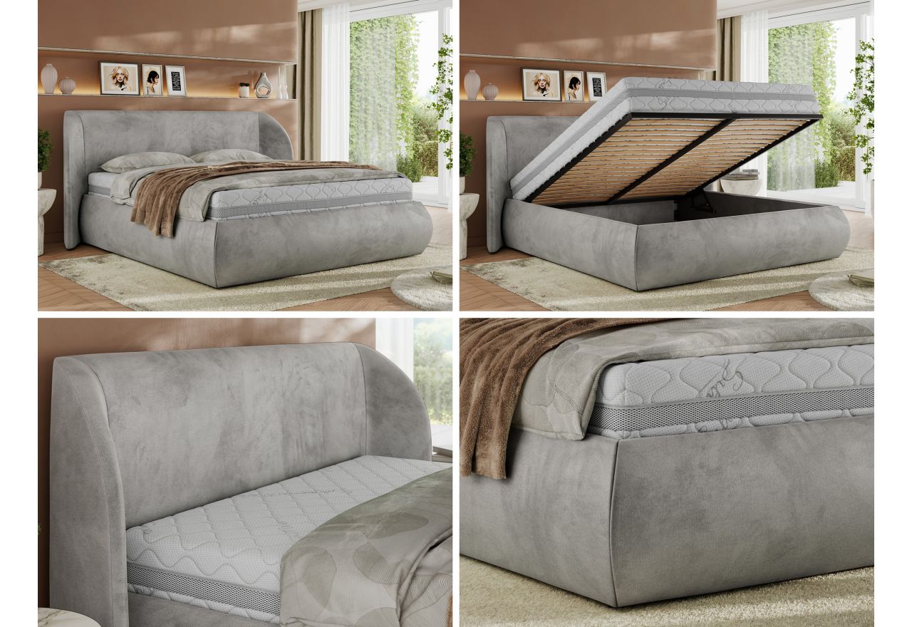 Łóżko tapicerowane CAELA CLASSIC 200x200 - materac multipocket - jasnoszary, welwet