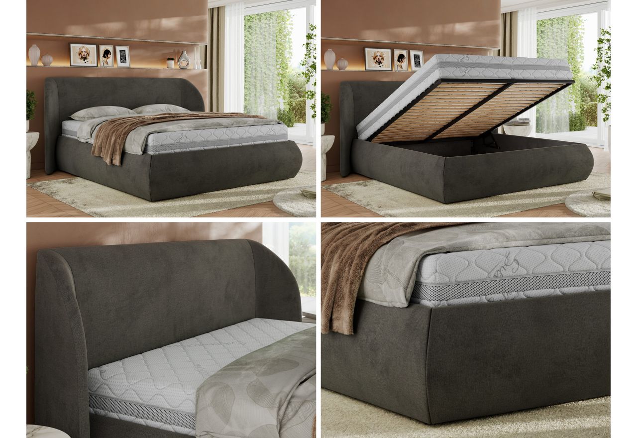 Łóżko tapicerowane CAELA CLASSIC 140x200 - materac pocket - ciemnoszary, welwet