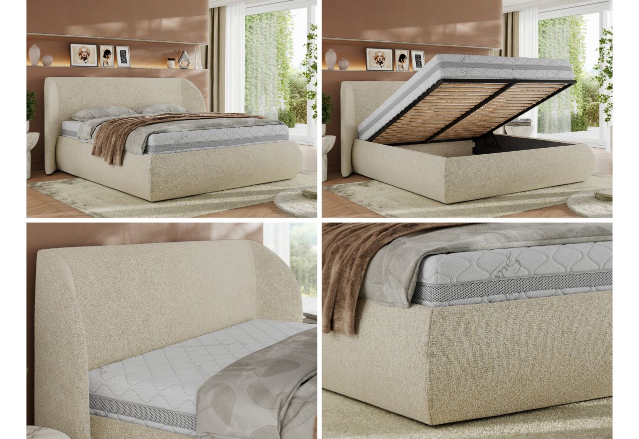 Łóżko tapicerowane CAELA CLASSIC 160x200 - materac piankowy - kremowy, struktura
