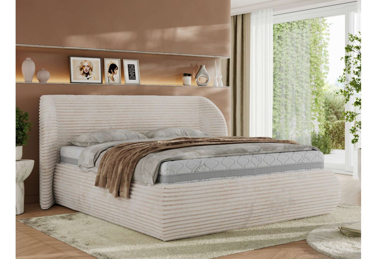 Łóżko tapicerowane CAELA CLASSIC 140x200 - materac pocket - beżowy, sztruks