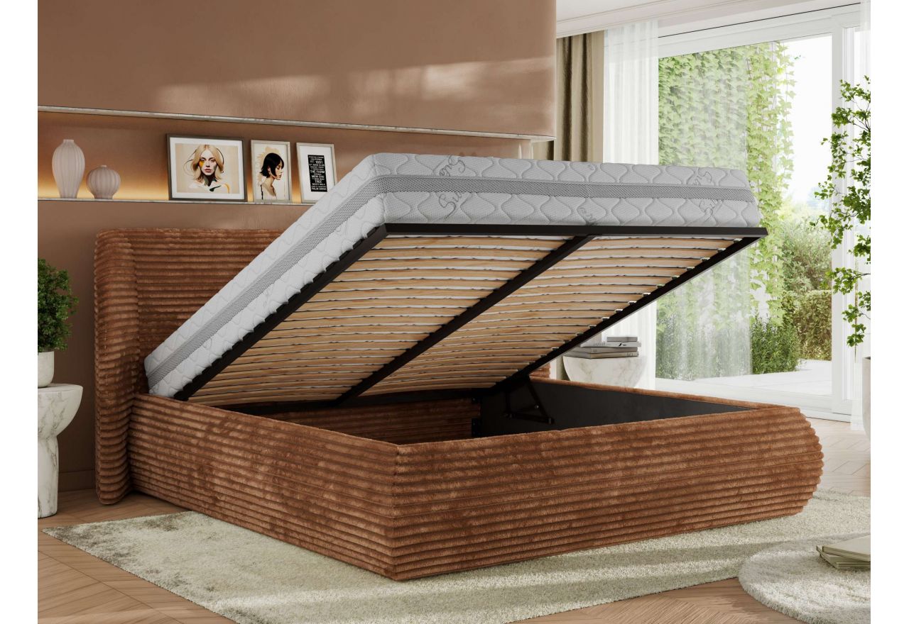 Łóżko tapicerowane CAELA CLASSIC 160x200 - materac piankowy - pomarańczowy, sztruks