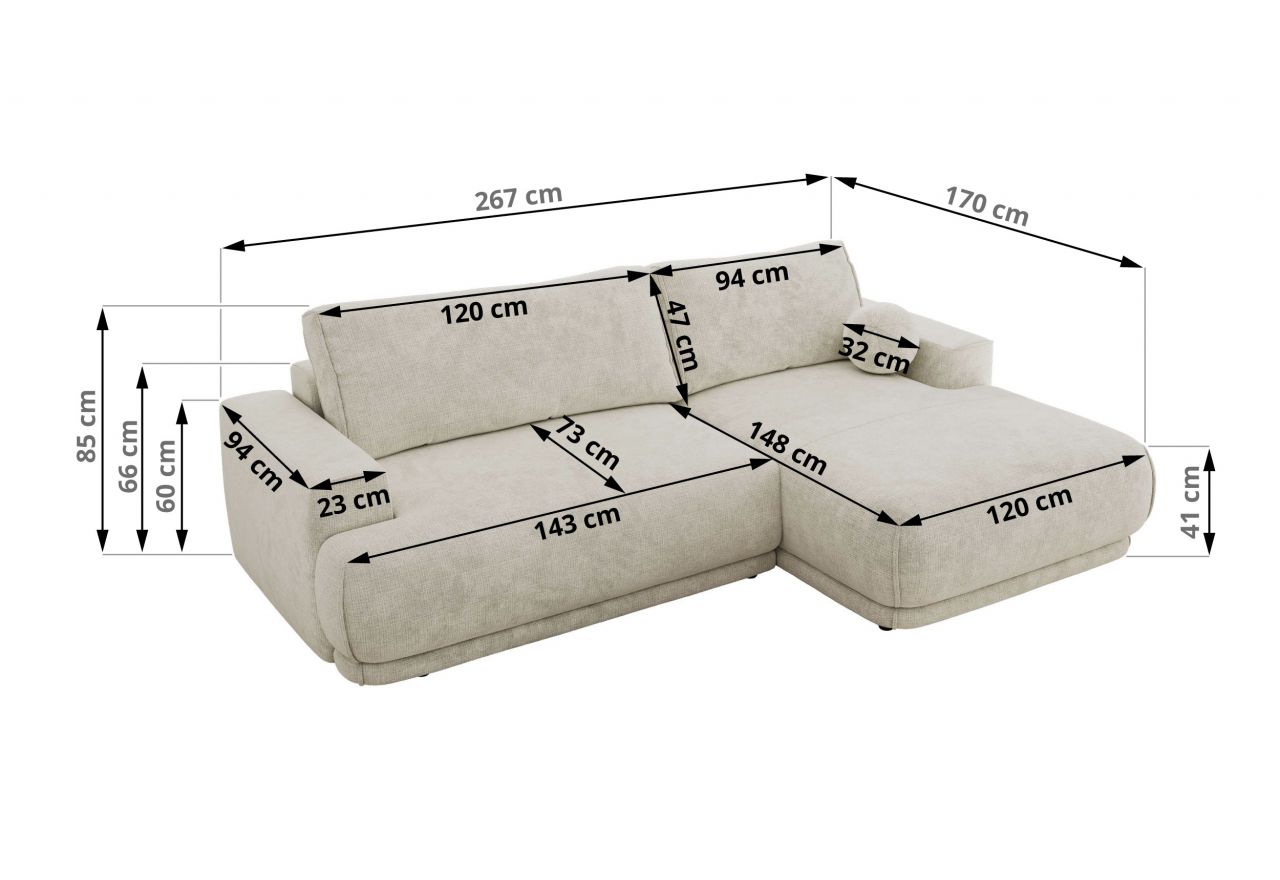 Narożnik RINA L - strona lewa - kremowy, szenil grubo tkany