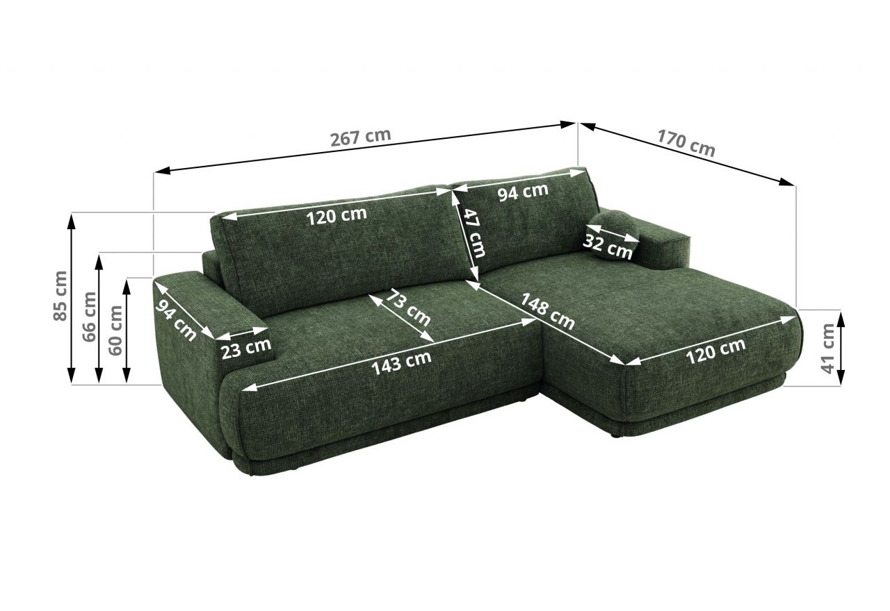 Narożnik RINA L - strona lewa - ciemnozielony, szenil grubo tkany
