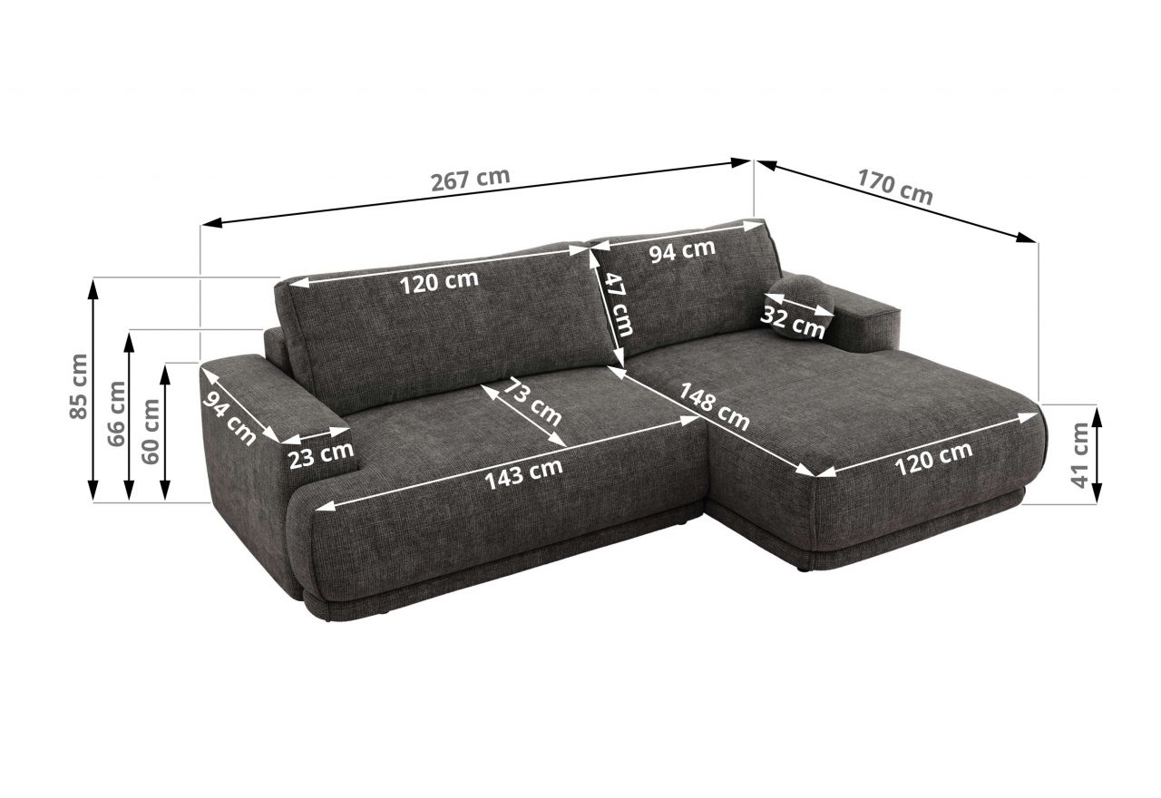 Narożnik RINA L - strona lewa - szary, szenil grubo tkany