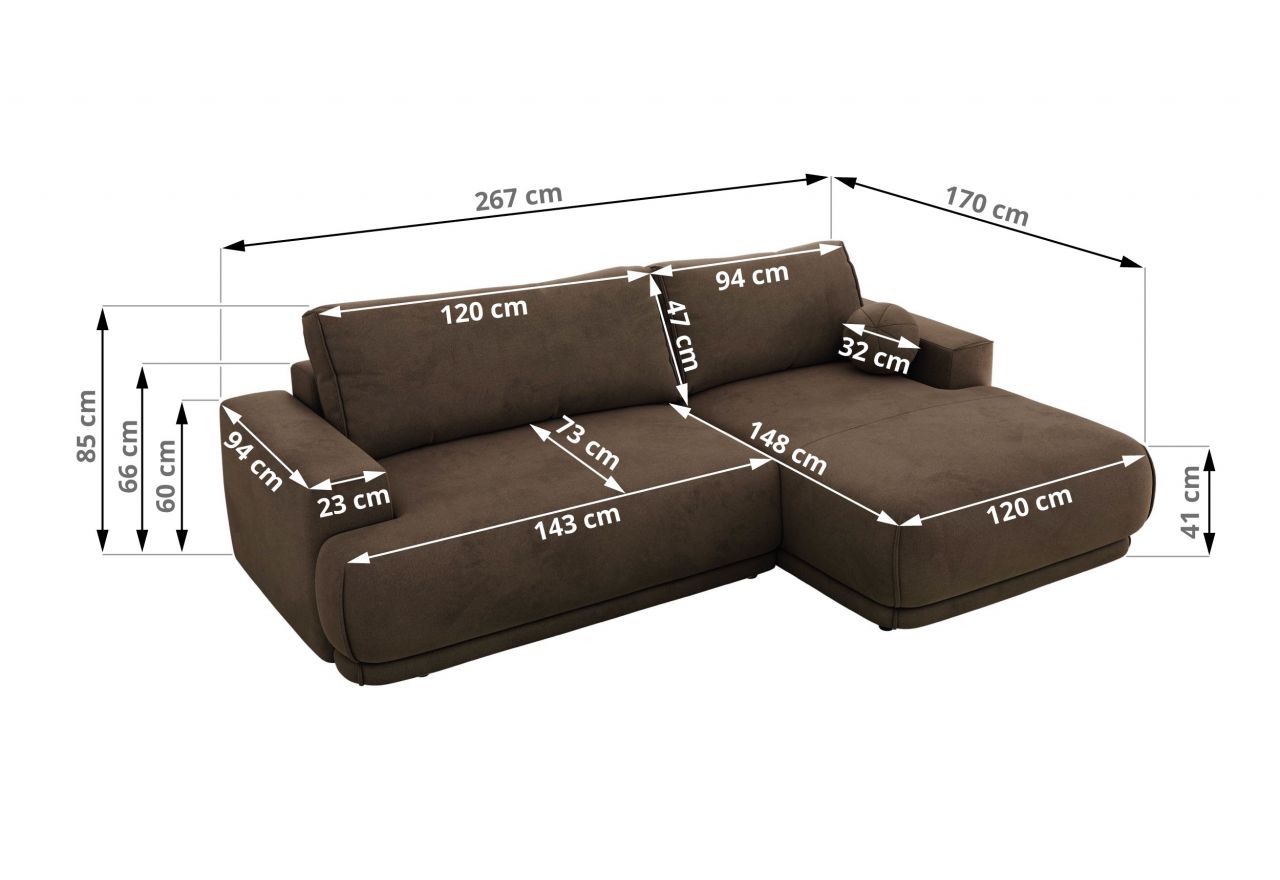 Narożnik RINA L - strona lewa - brązowy, welwet