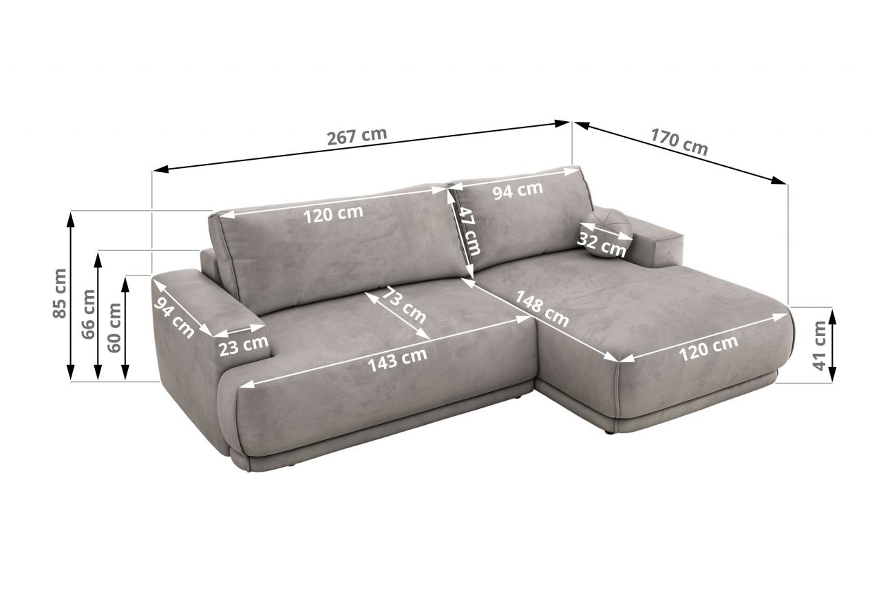 Narożnik RINA L - strona lewa - jasnoszary, welwet