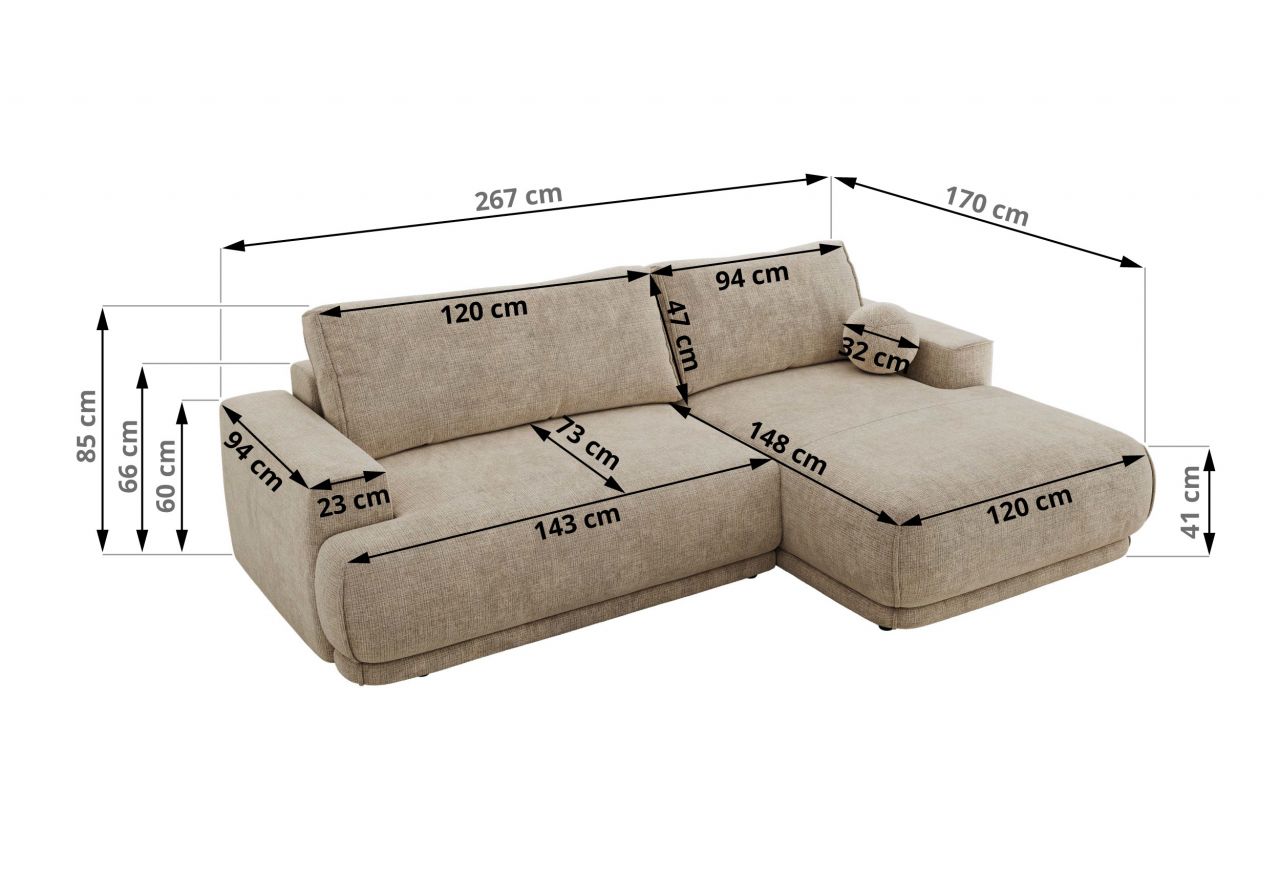 Narożnik RINA L - strona prawa - beżowy, szenil grubo tkany