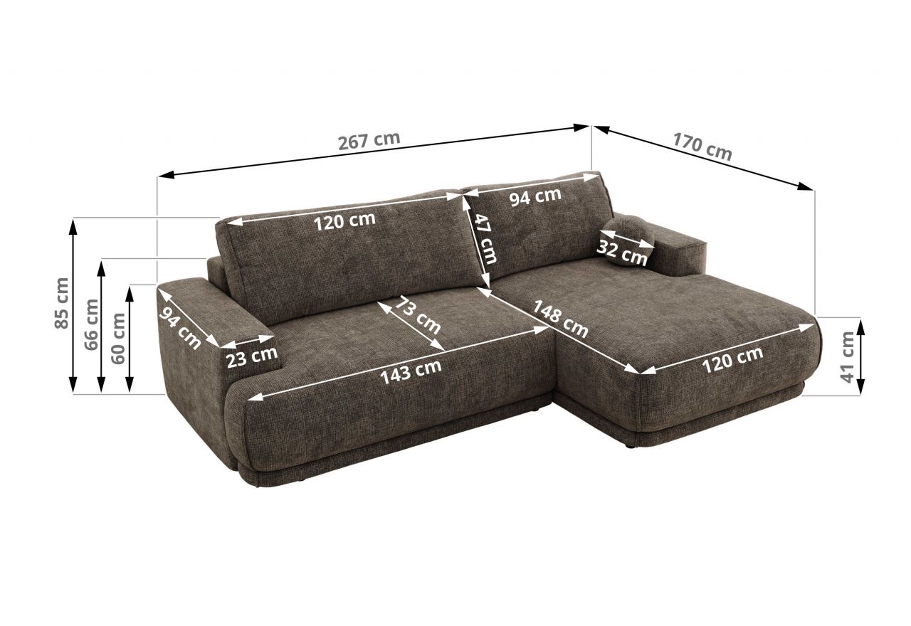 Narożnik RINA L - strona prawa - brązowy, szenil grubo tkany