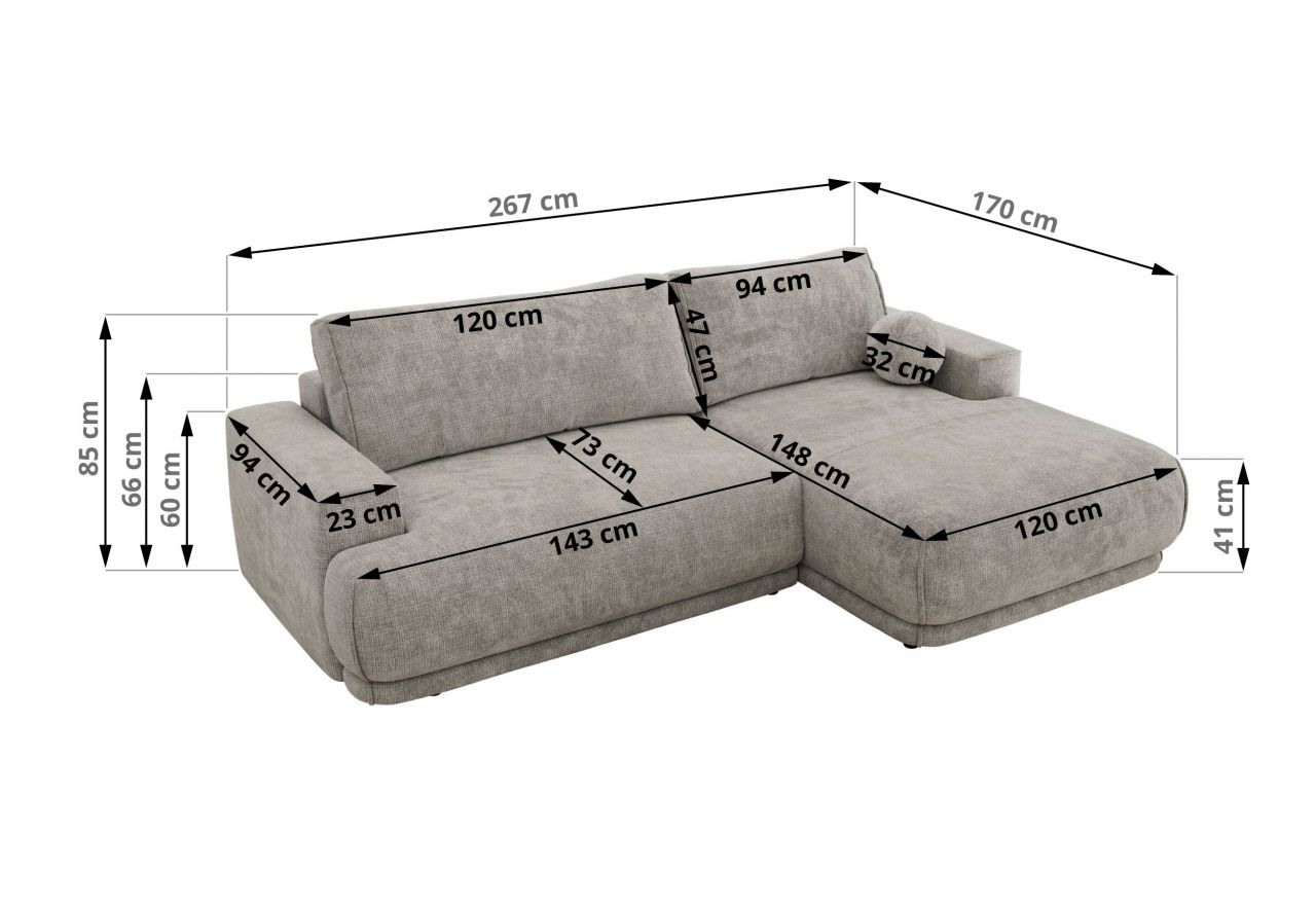 Narożnik RINA L - strona prawa - jasnoszary, szenil grubo tkany