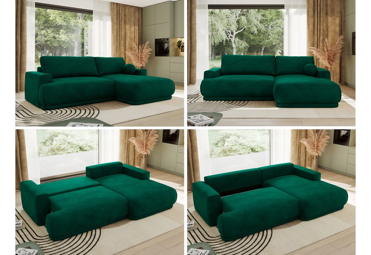 Narożnik RINA L - strona prawa - ciemnozielony, welwet