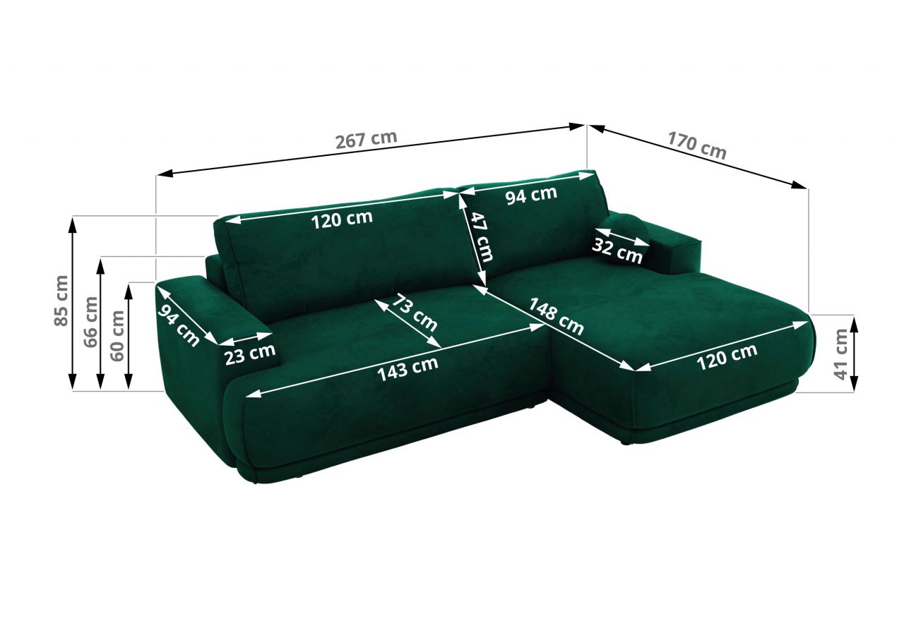 Narożnik RINA L - strona prawa - ciemnozielony, welwet