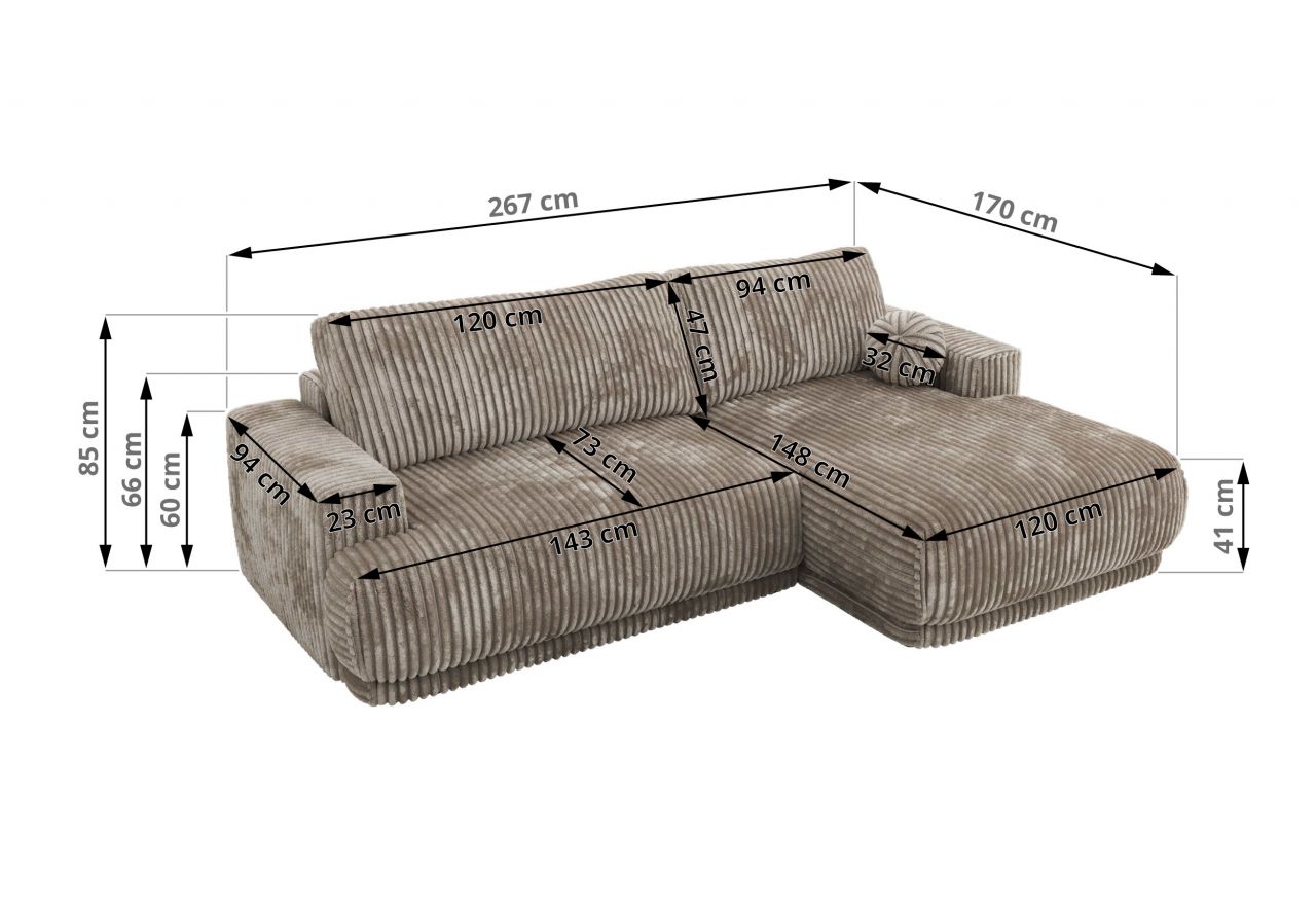 Narożnik RINA L - strona prawa - jasnobrązowy, sztruks