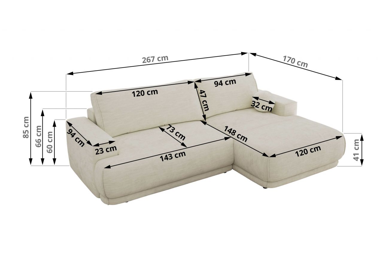 Narożnik RINA L - strona prawa - kremowy, szenil gładki