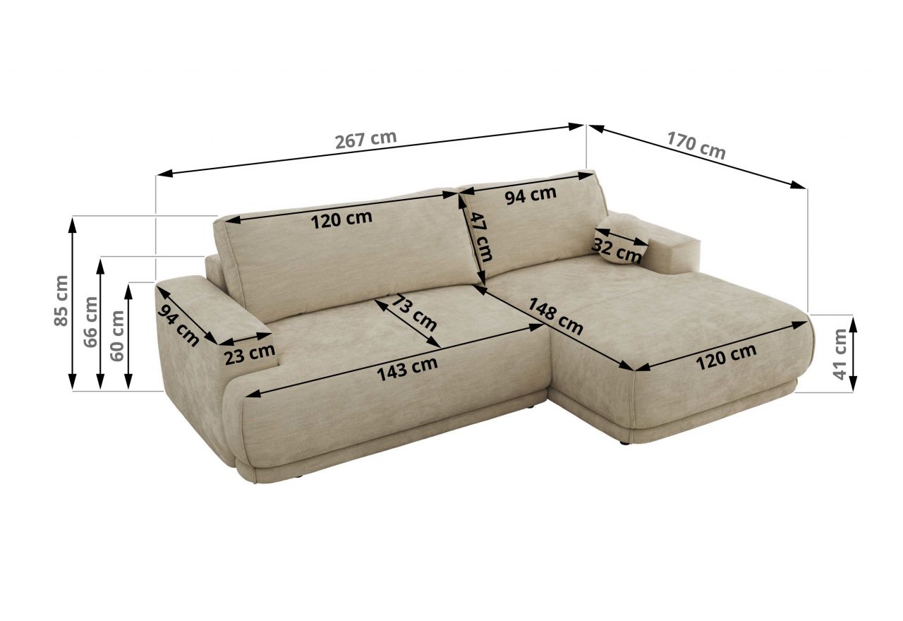 Narożnik RINA L - strona prawa - beżowy, szenil gładki