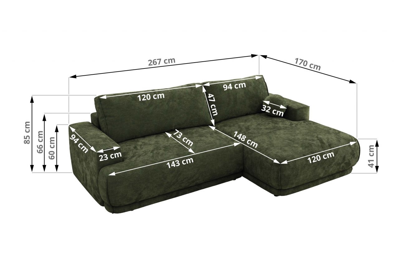 Narożnik RINA L - strona prawa - ciemnozielony, szenil gładki