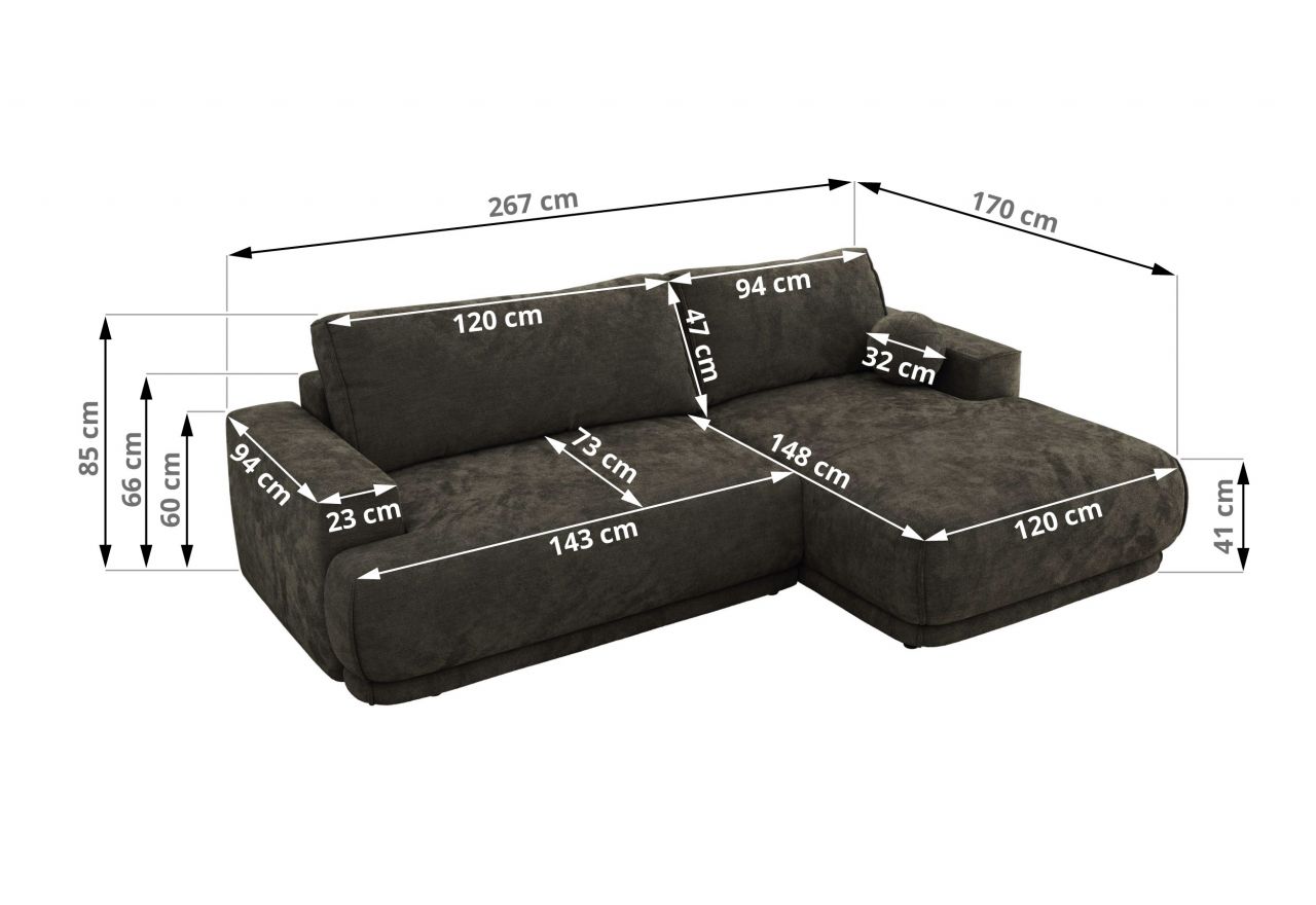 Narożnik RINA L - strona prawa - ciemnoszary, szenil gładki