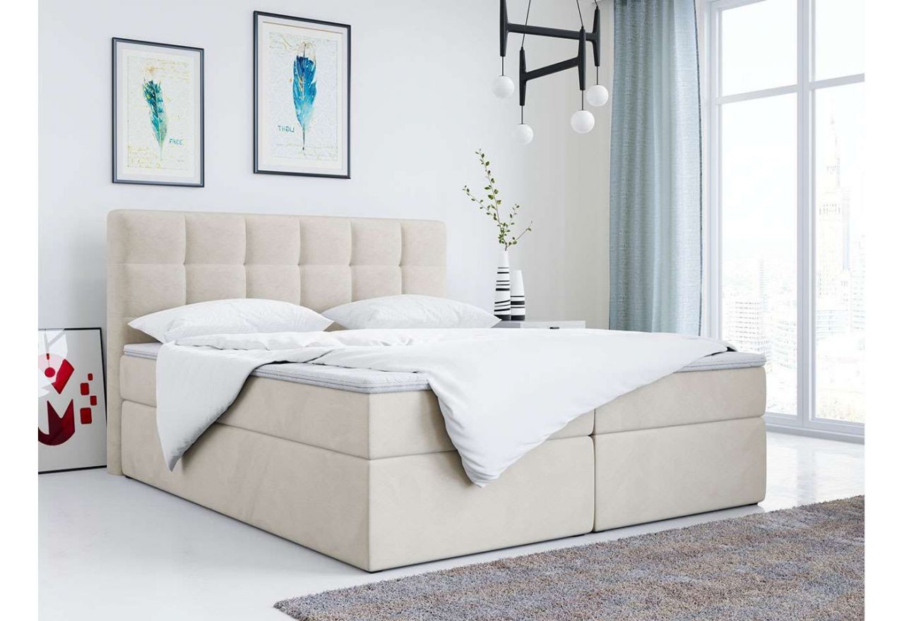 Nowoczesne kontynentalne łóżko z pojemnikiem na pościel i opcją wyboru tkaniny - LUKA beżową welwetową tapicerką