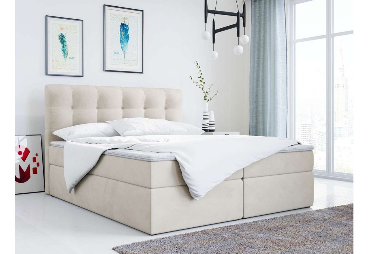Łóżko kontynentalne z pojemnikiem na pościel i możliwością wyboru tkaniny - ERNI tapicerka w beżowym welwecie