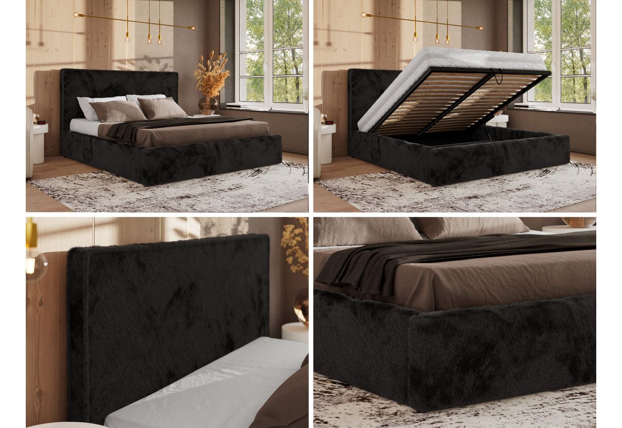 Łóżko tapicerowane CORIVO CLASSIC 200x200 - materac piankowy - czarny, plusz