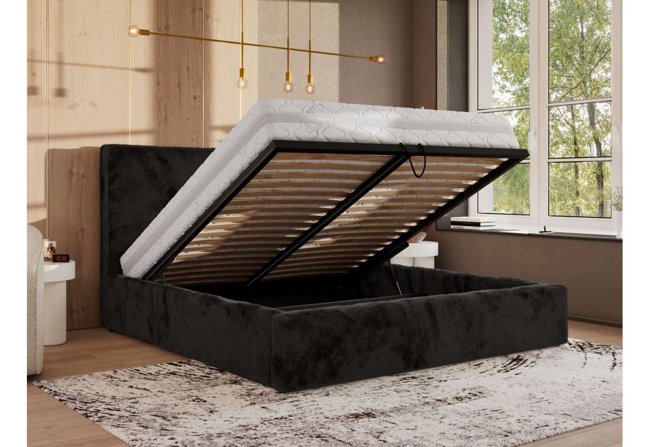 Łóżko tapicerowane CORIVO CLASSIC 140x200 - materac pocket - czarny, plusz