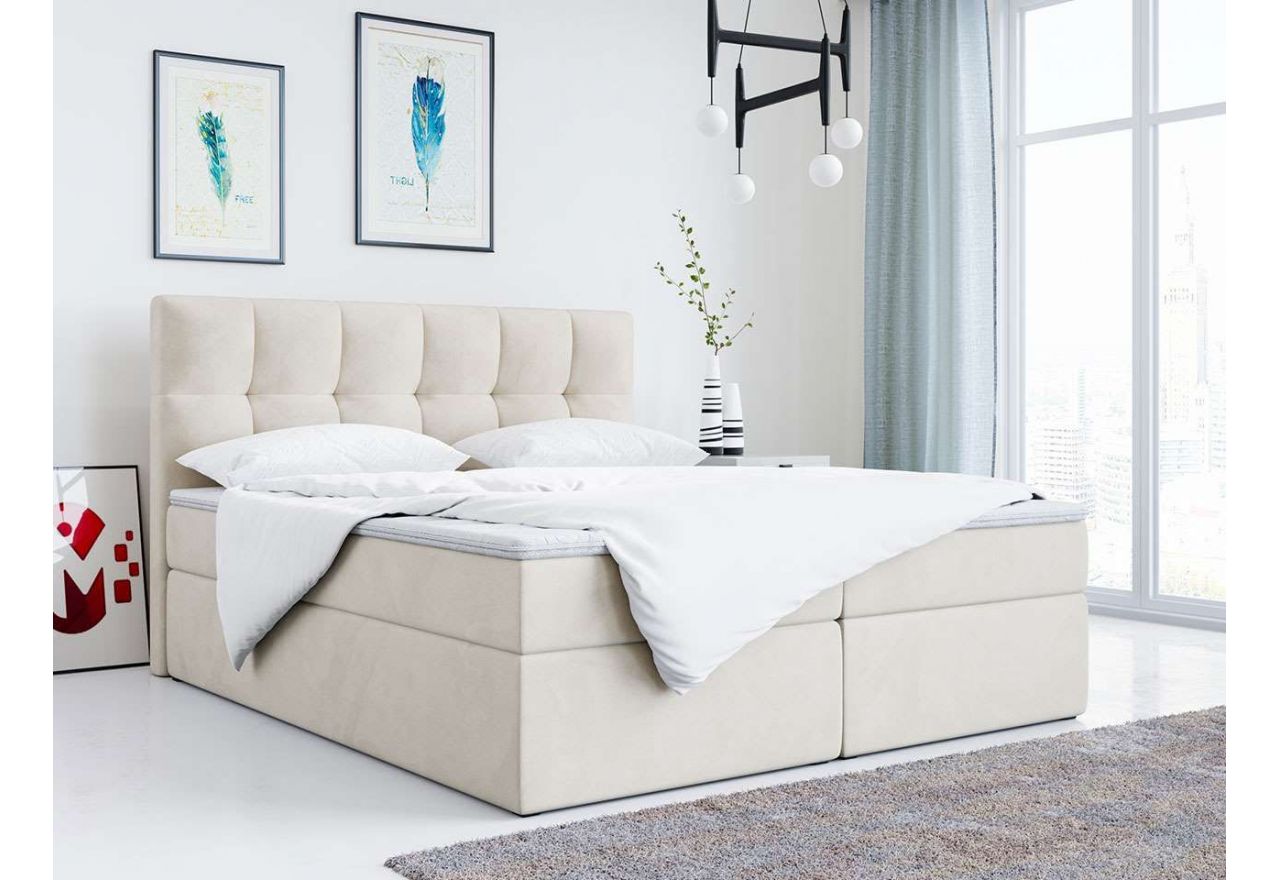 Wygodne i funkcjonalne łóżko z podwójnym pojemnikiem na pościel do sypialni - ALVIN w beżowej welwetowej tkaninie