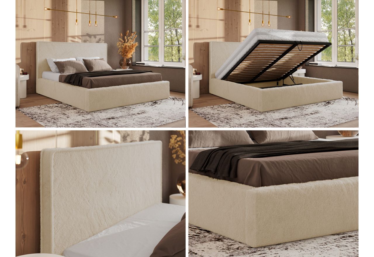Łóżko tapicerowane CORIVO CLASSIC 180x200 - materac multipocket - kremowy, plusz