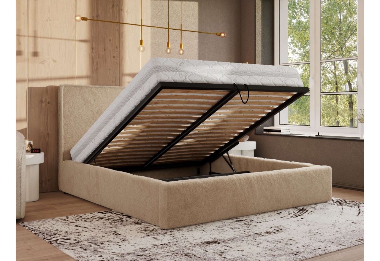 Łóżko tapicerowane CORIVO CLASSIC 140x200 - materac pocket - beżowy, plusz