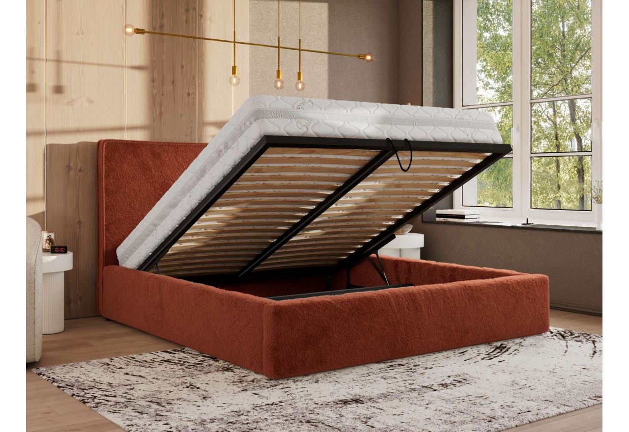 Łóżko tapicerowane CORIVO CLASSIC 200x200 - materac pocket - pomarańczowy, plusz