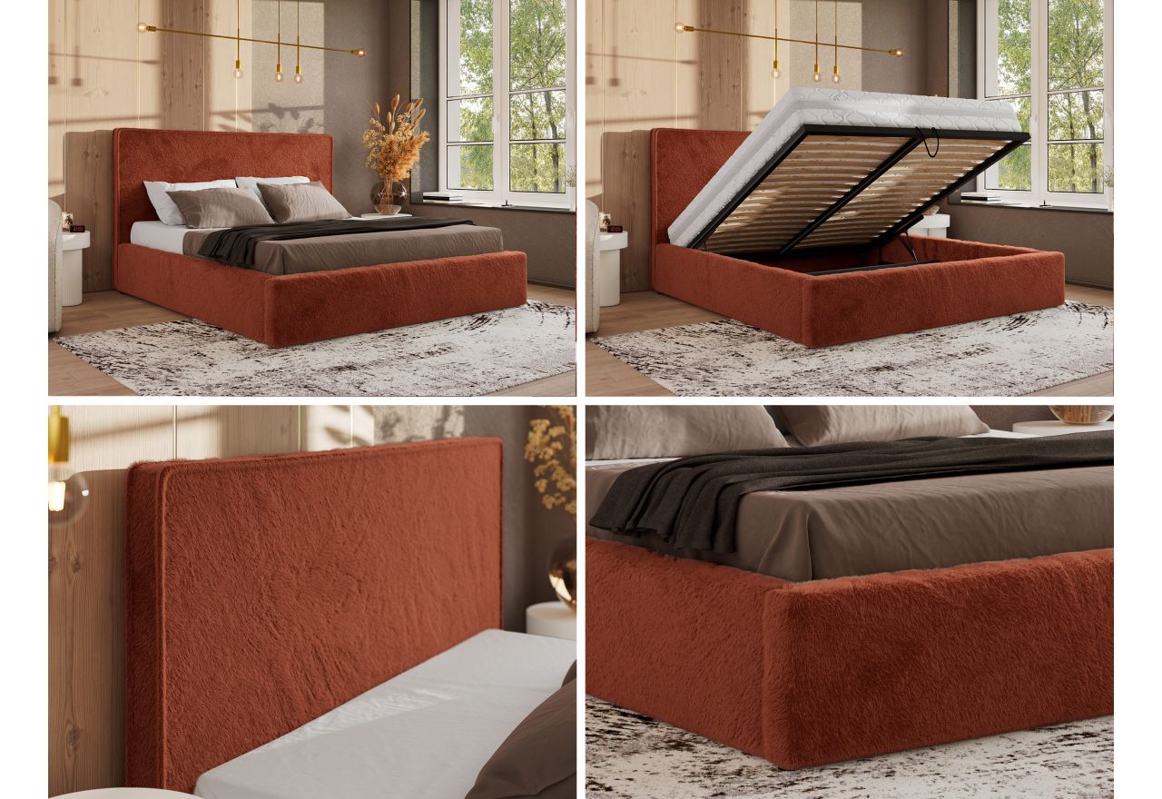 Łóżko tapicerowane CORIVO CLASSIC 200x200 - materac pocket - pomarańczowy, plusz