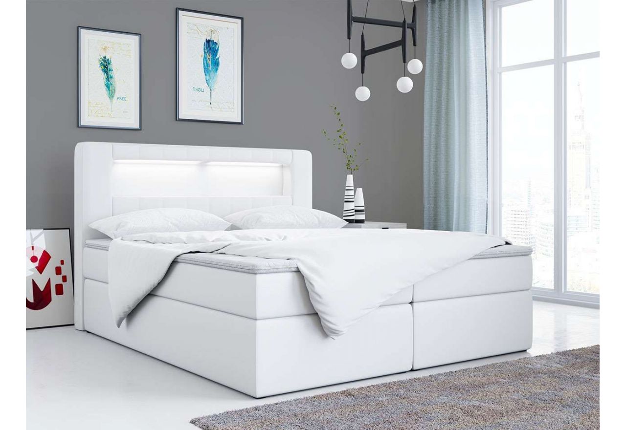 Stylowe dwuosobowe łóżko kontynentalne 140x200 cm z oświetleniem LED i materacem - GOLD 5 / Madryt 920