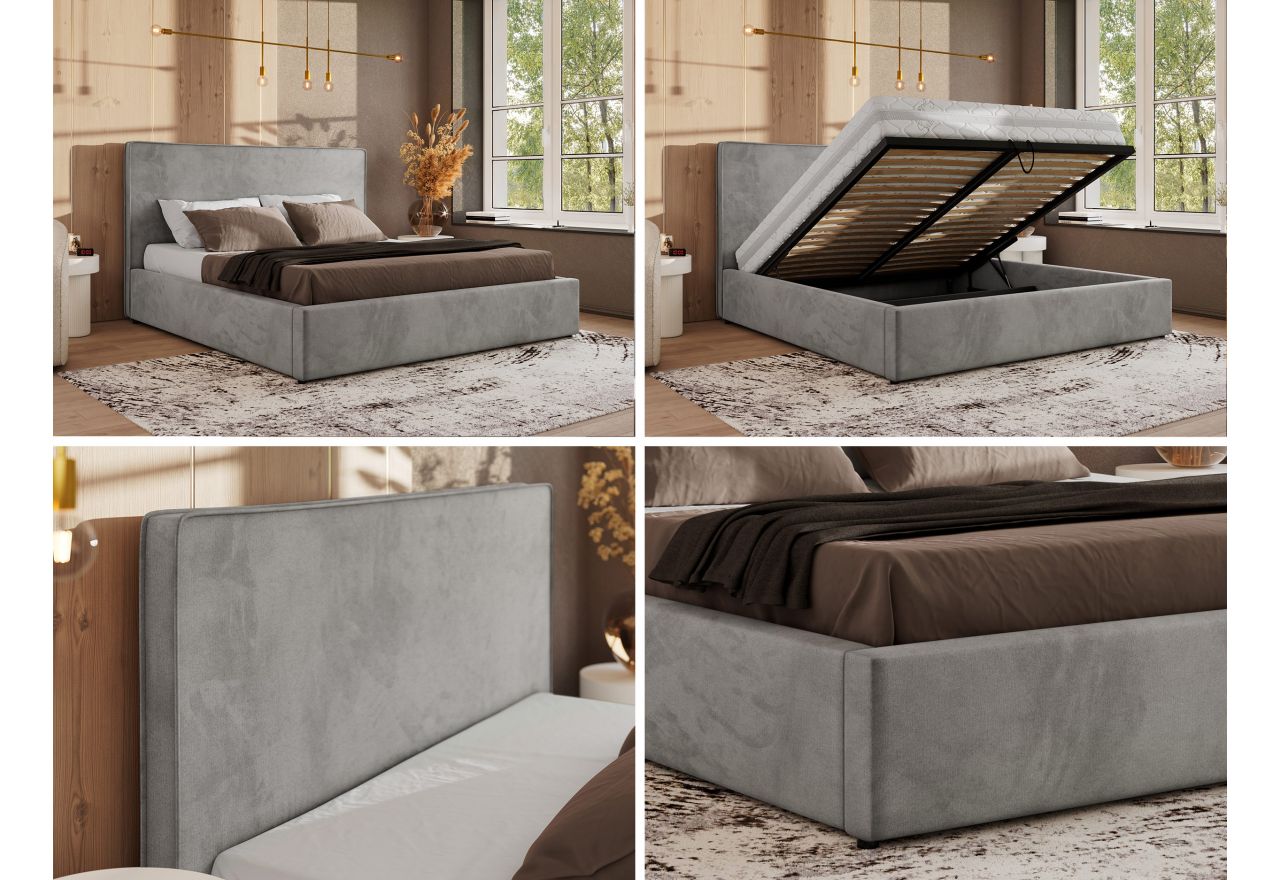 Łóżko tapicerowane CORIVO CLASSIC 140x200 - materac pocket - szary, welwet