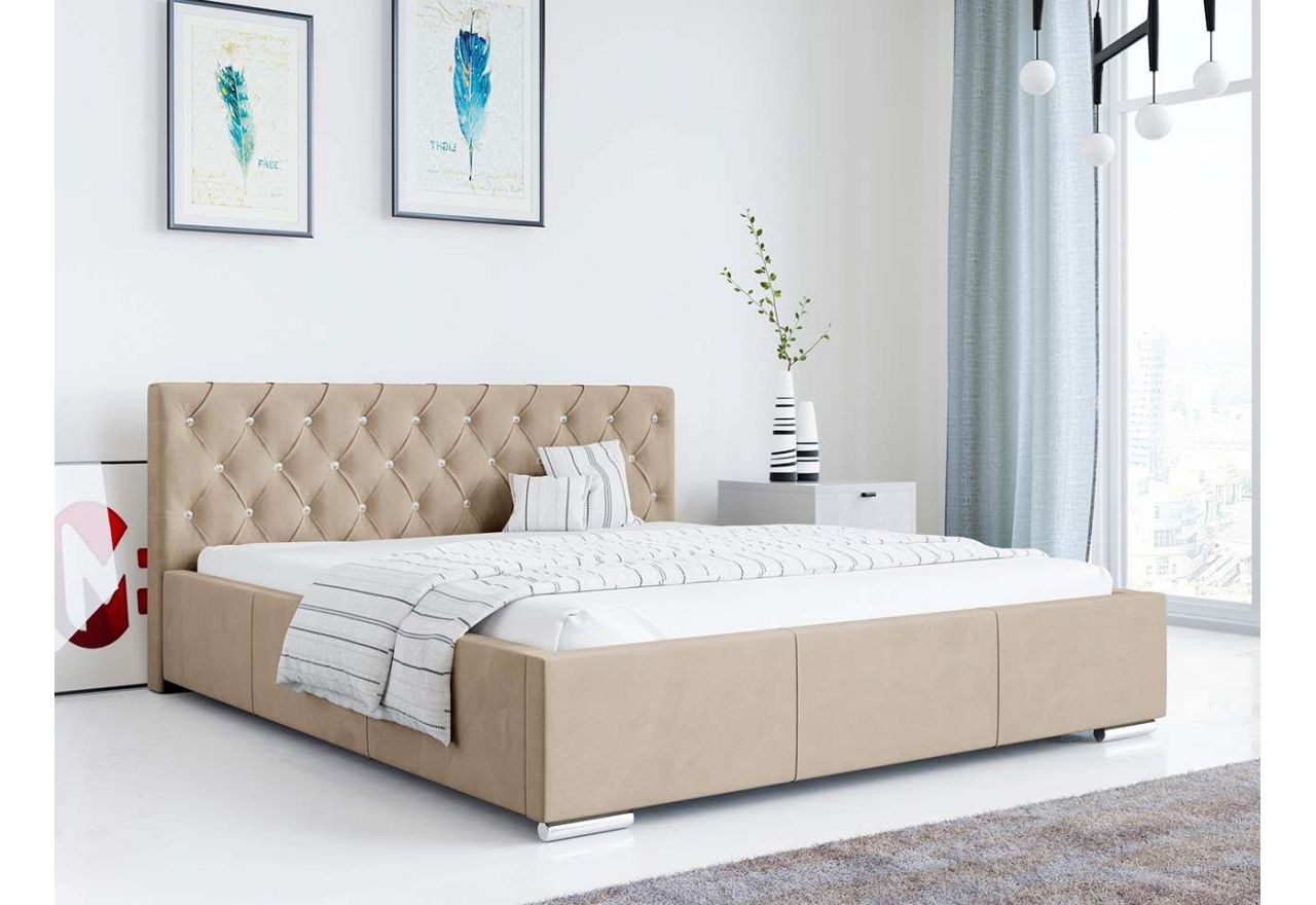 Łóżko tapicerowane z wysokim wezgłowiem i kryształkami do sypialni - LENTI w brązowym welwecie