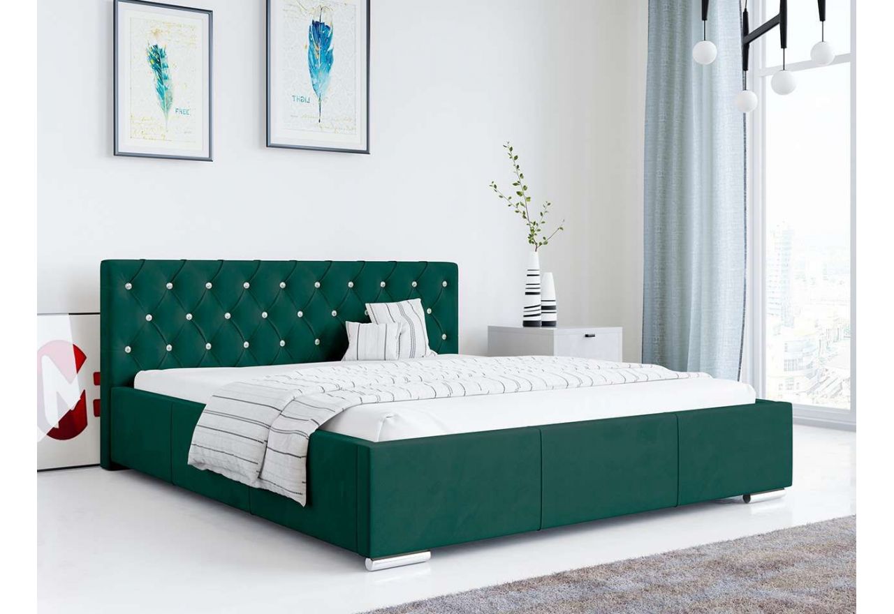 Nowoczesne łóżko z opcją wyboru tkaniny i materaca - LENTI z welwetową tapicerką w butelkowej zieleni
